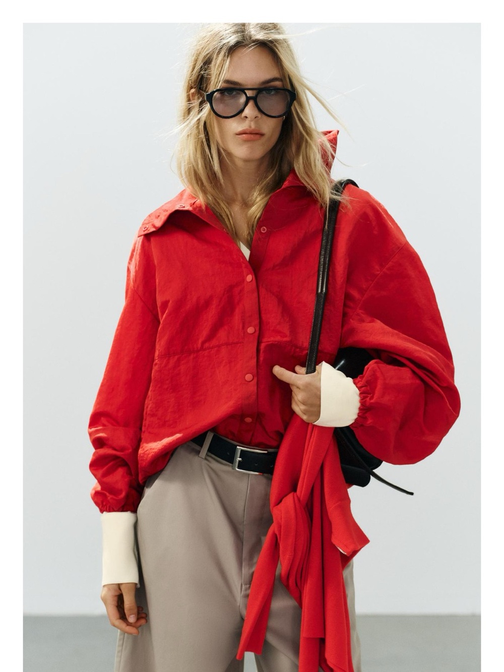 Zara Technical Fabric Jacket Red Women's Bomber with Snap Front Funnel Collar